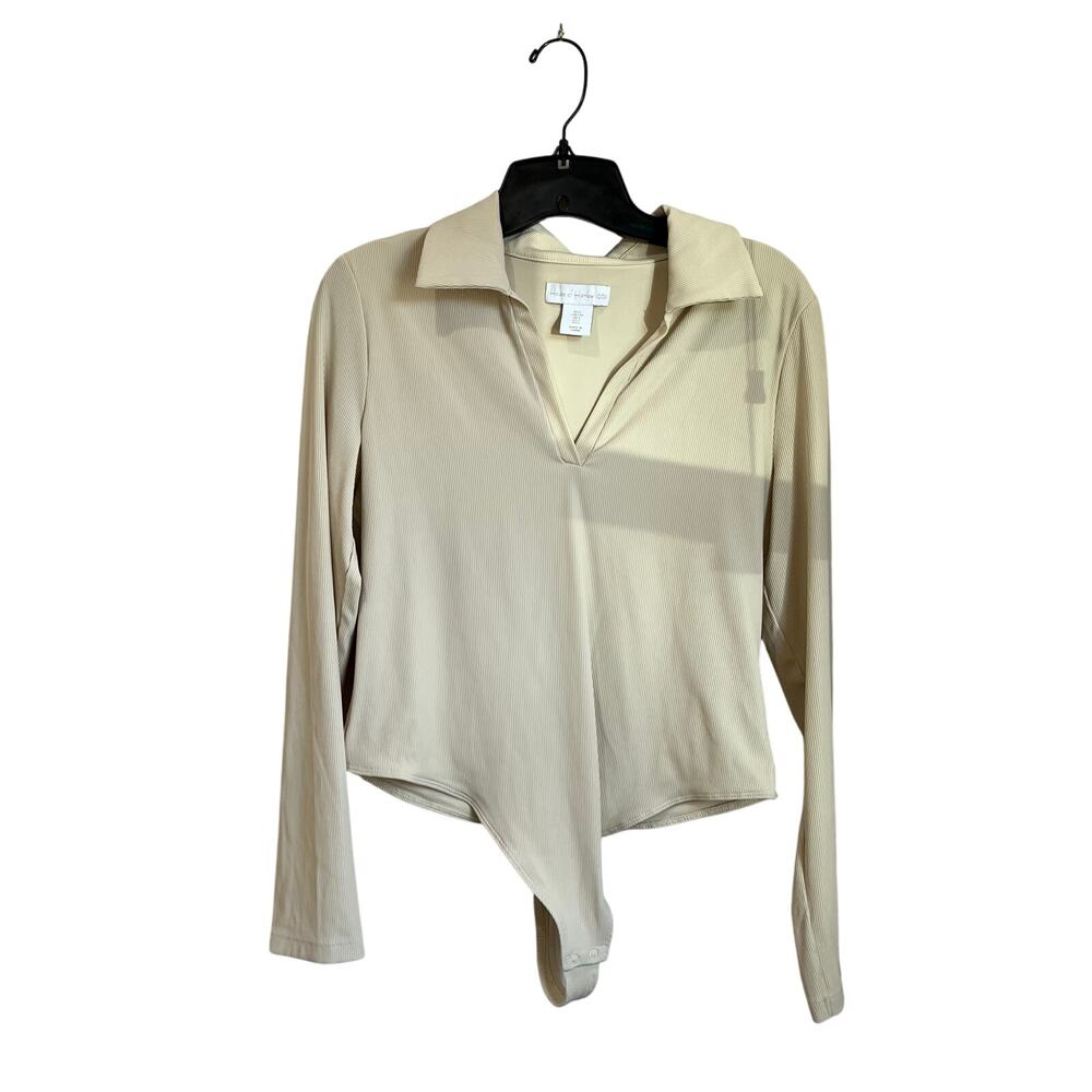 House of Harlow Collared Ribbed V Neck Bodysuit in Ivory Size L